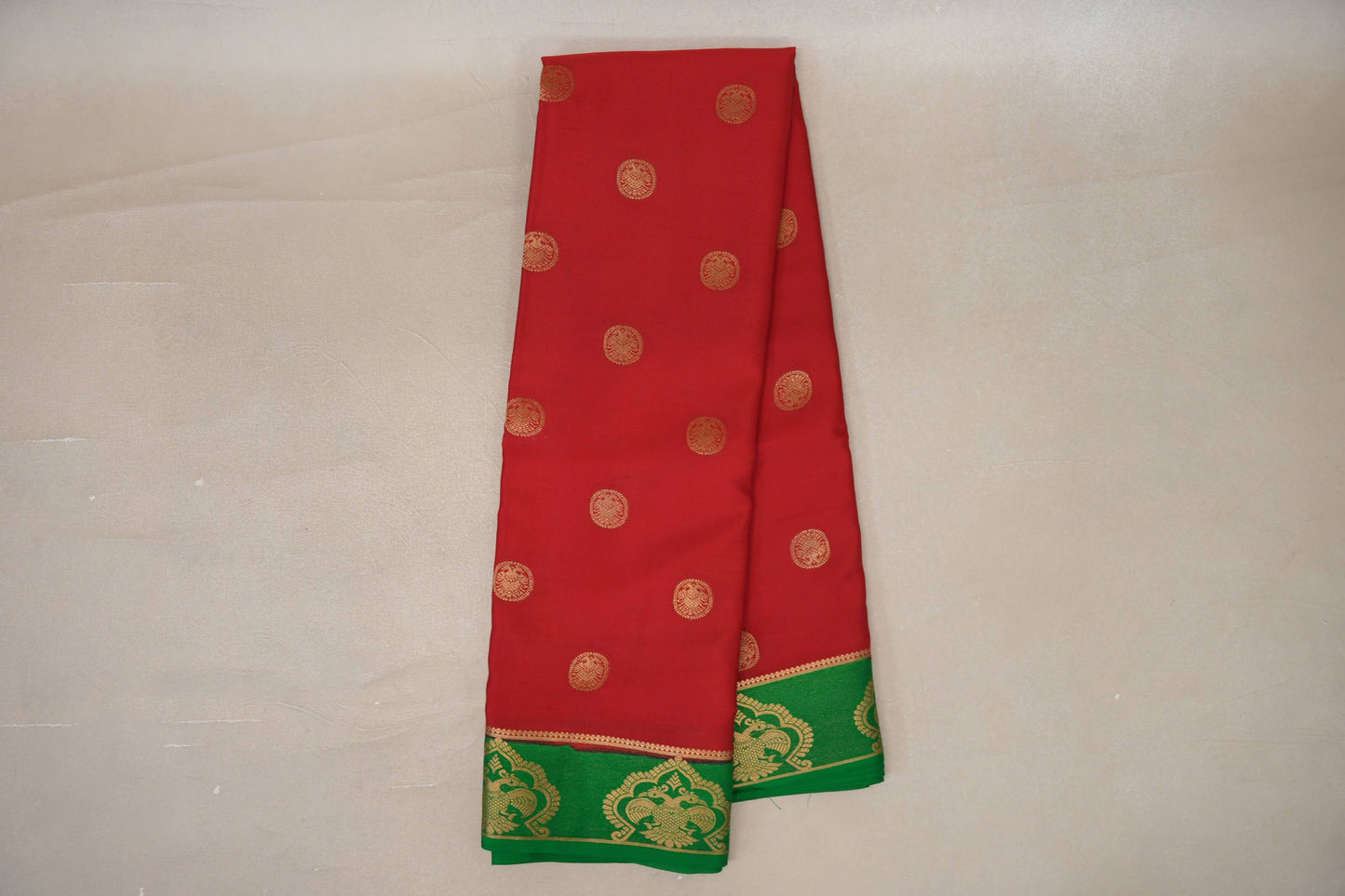 Online Bright Red with Emerald Green Borders Mysore Silk Saree