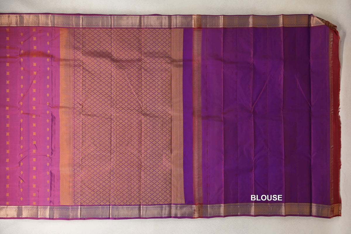Lightweight blue and red Kanchipuram silk saree spread out, showing small gold motifs, a lattice-patterned pallu, ornate borders and a plain blouse piece.