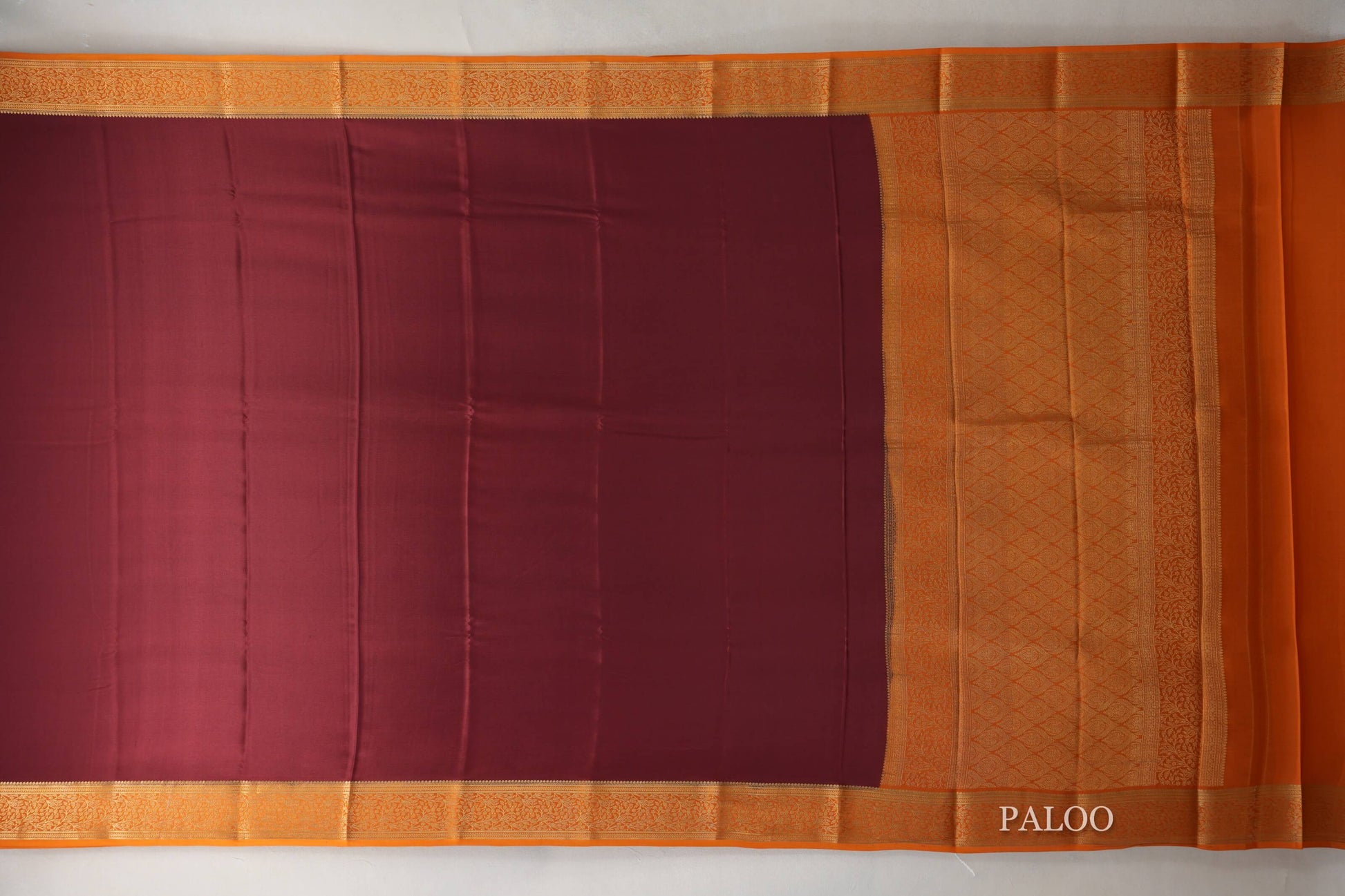 Deep Maroon with Mustard Orange Borders Mysore Silk Saree paloo