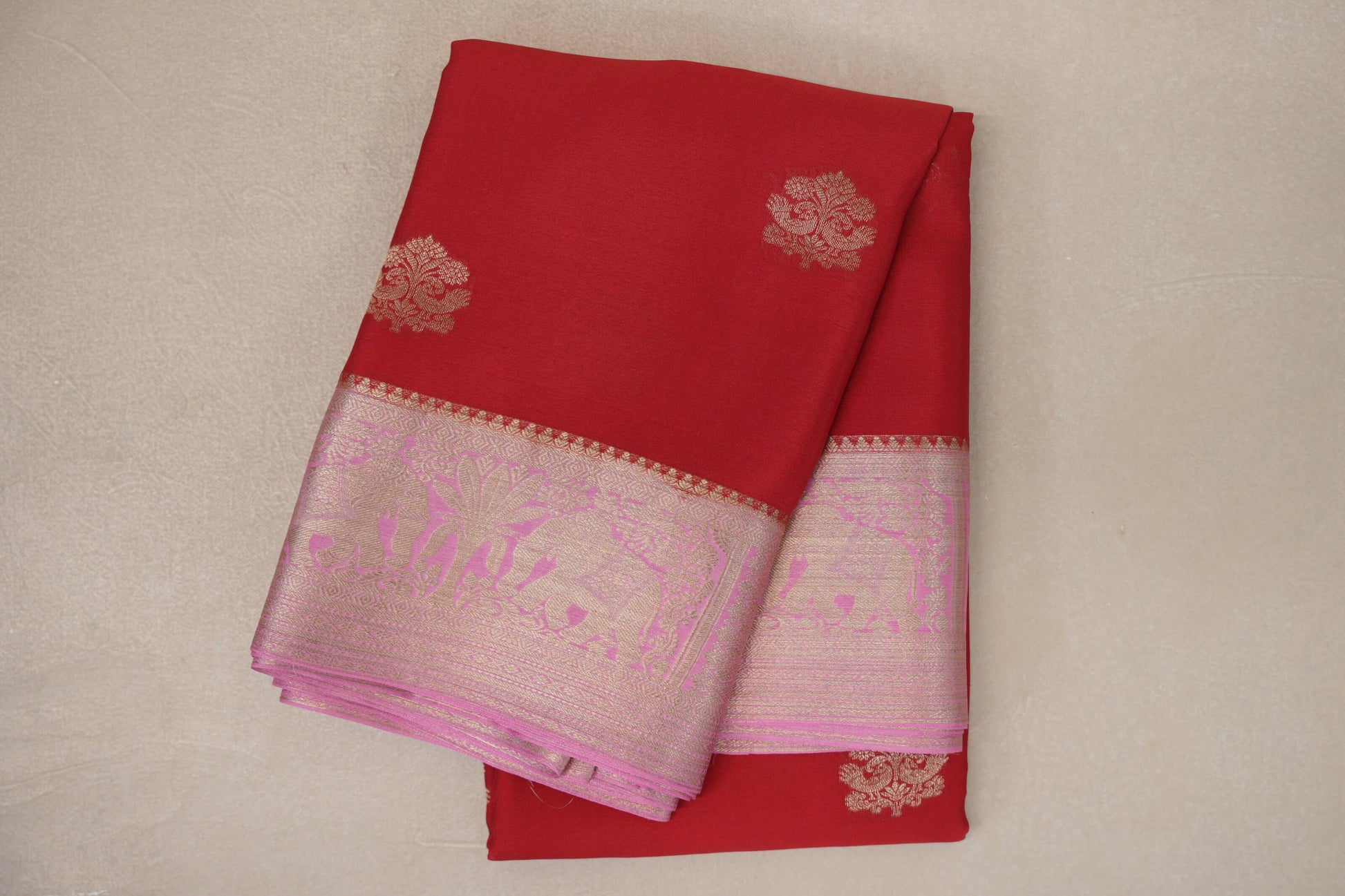 Bright Red with Rose Pink Borders Mysore Silk Saree