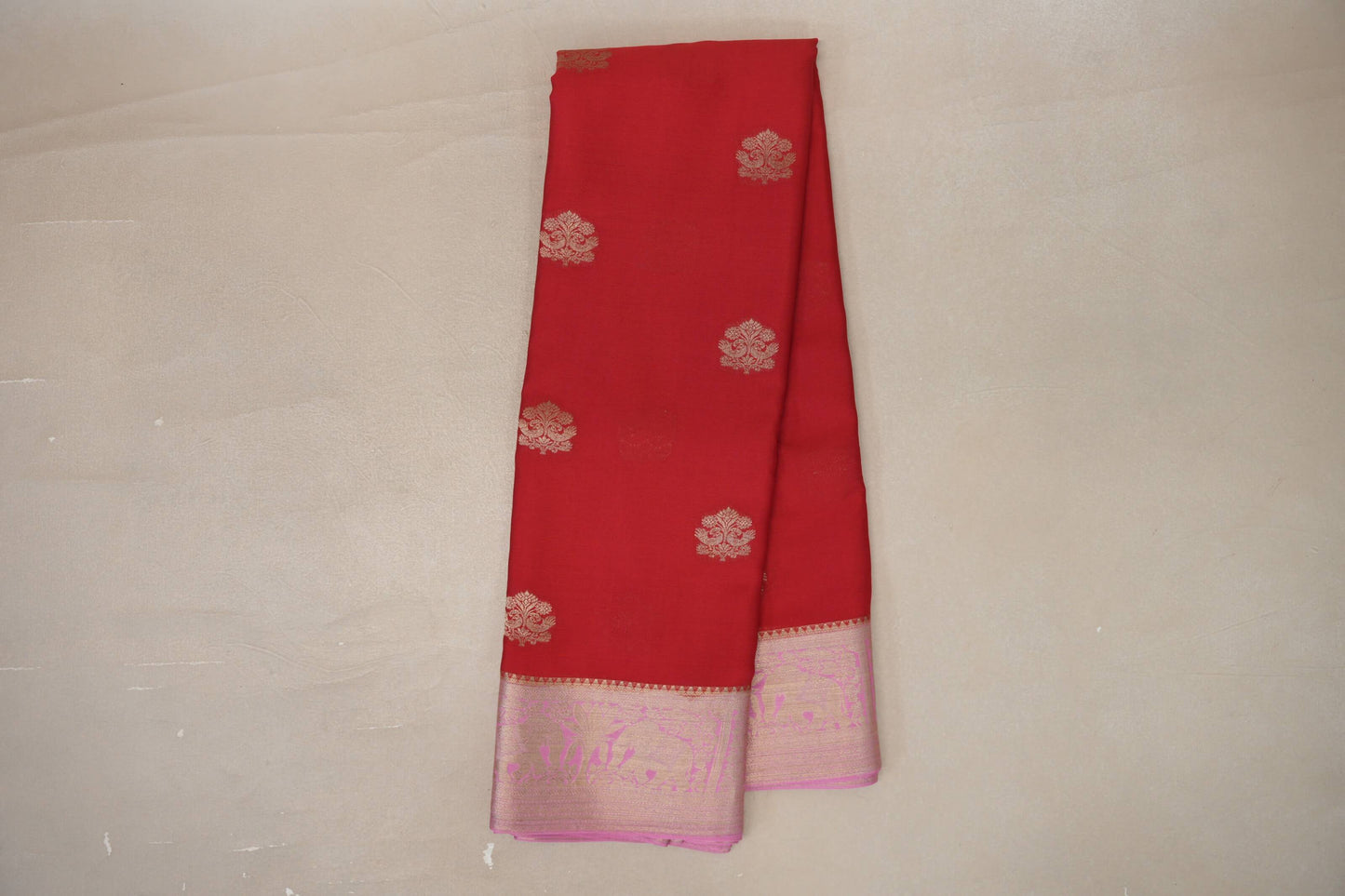 Online Bright Red with Rose Pink Borders Mysore Silk Saree