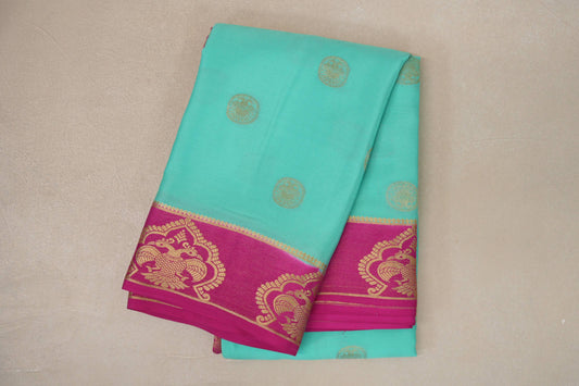 Aqua Blue with Rani Pink Borders Mysore Silk Saree