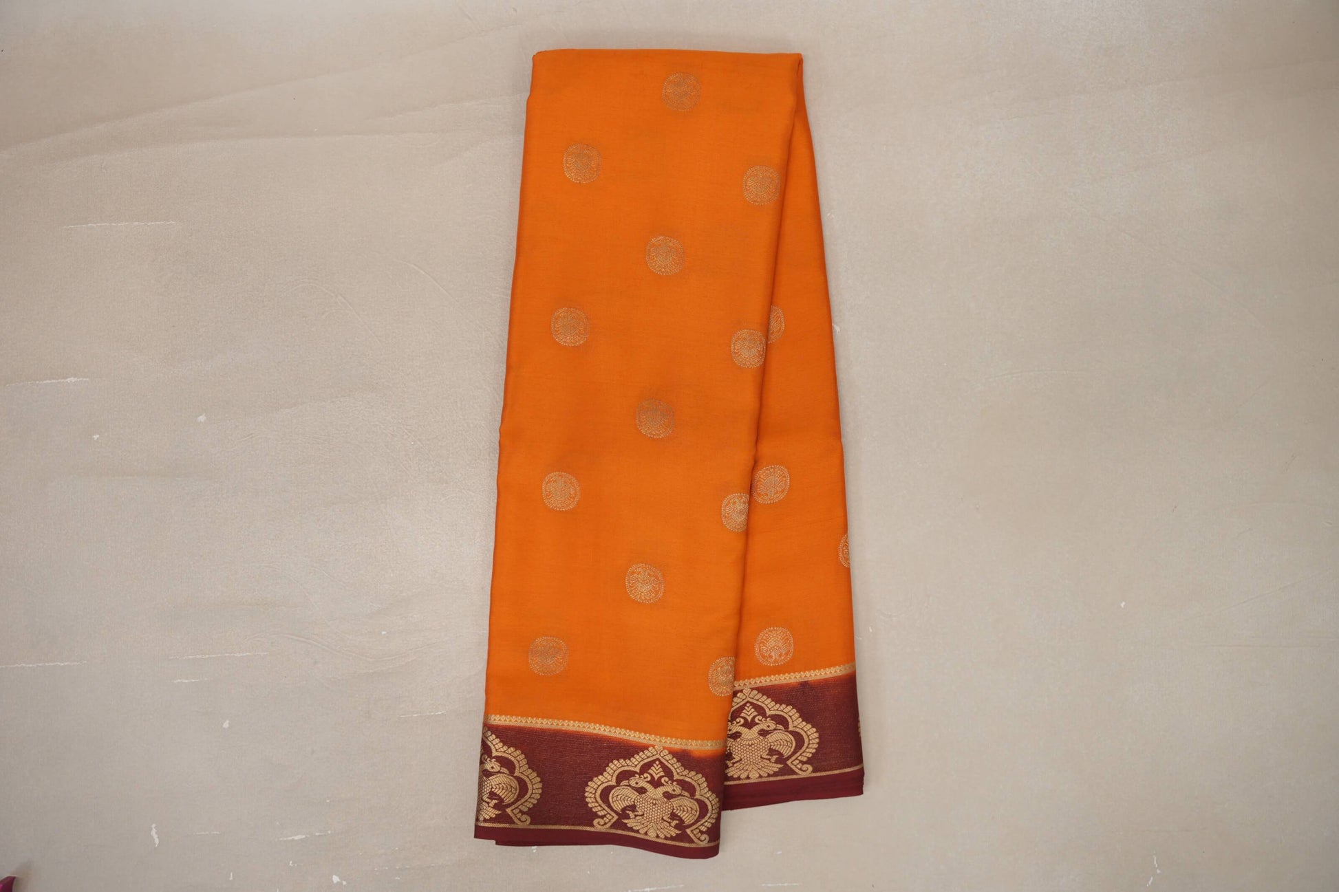 Online Mustard Orange with Maroon Borders Mysore Silk Saree
