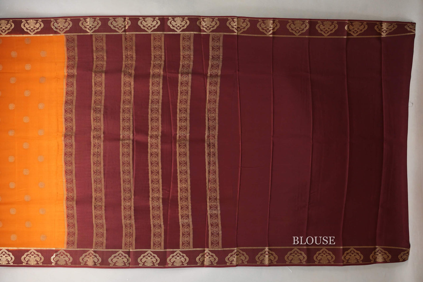 Mustard Orange with Maroon Borders Mysore Silk Saree blouse