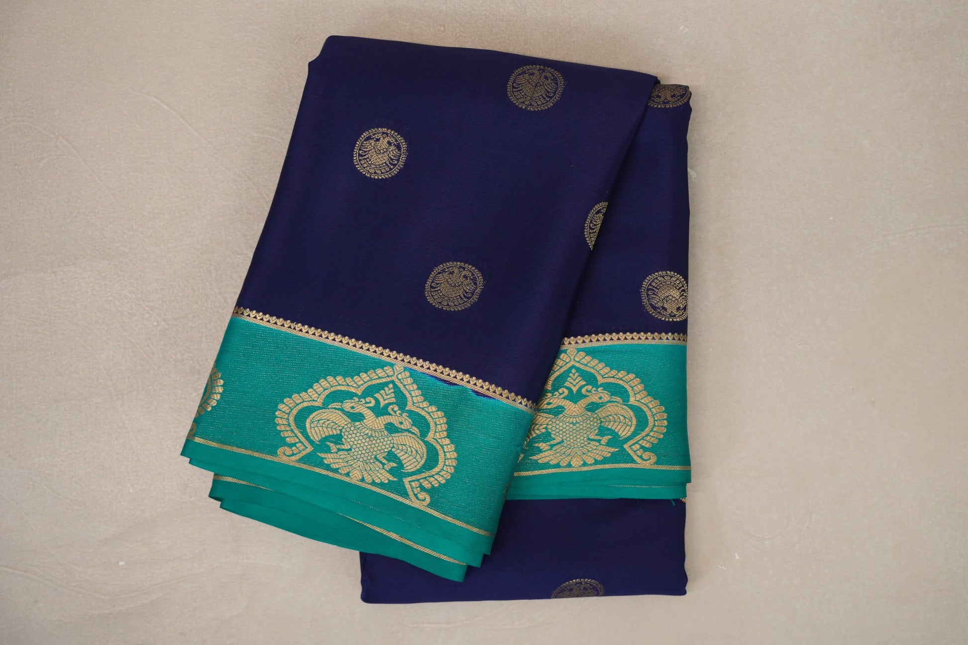 Navy Blue with Rama Green Borders Mysore Silk Saree 