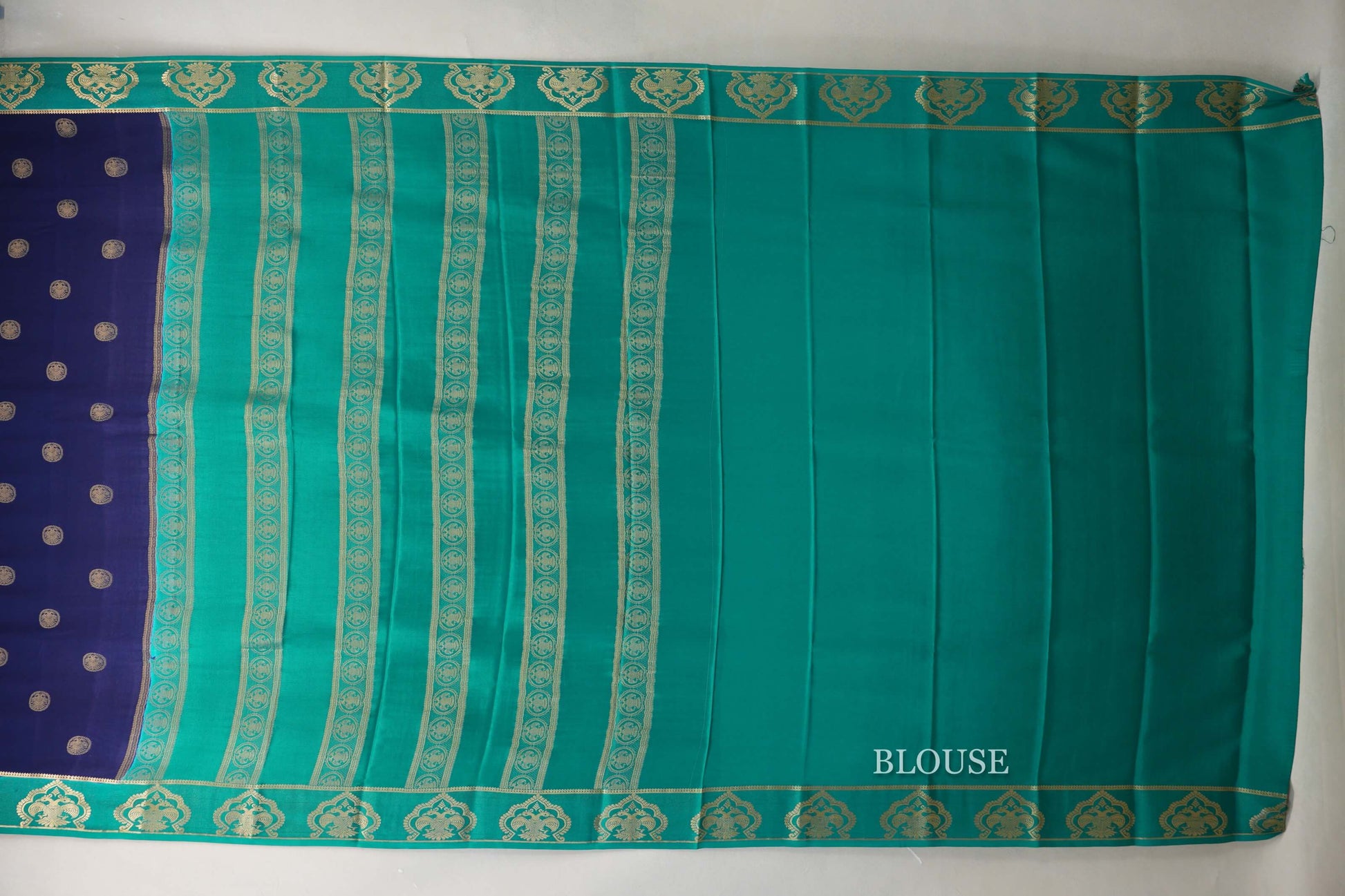 Navy Blue with Rama Green Borders Mysore Silk Saree blouse