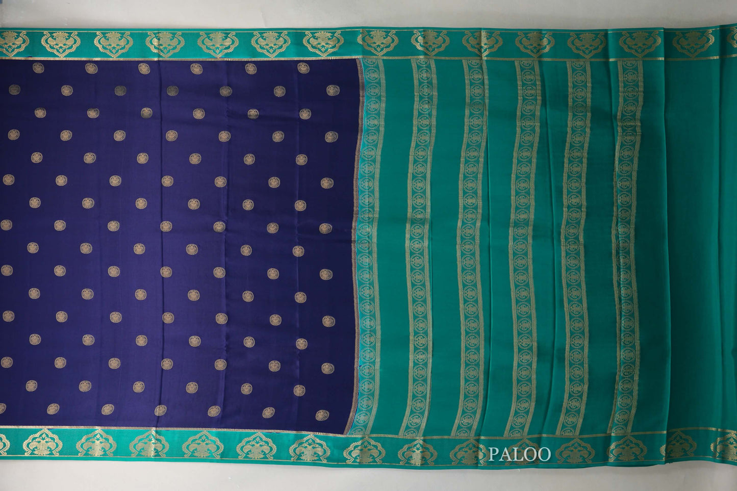 Navy Blue with Rama Green Borders Mysore Silk Saree paloo