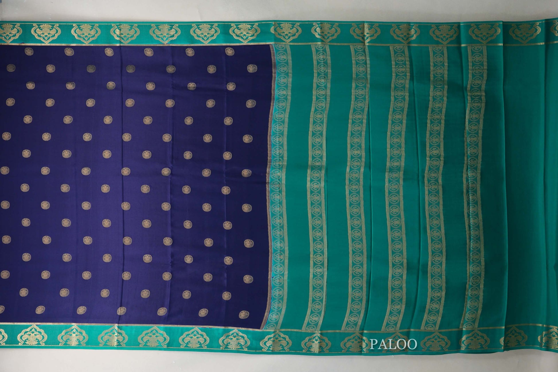 Navy Blue with Rama Green Borders Mysore Silk Saree paloo