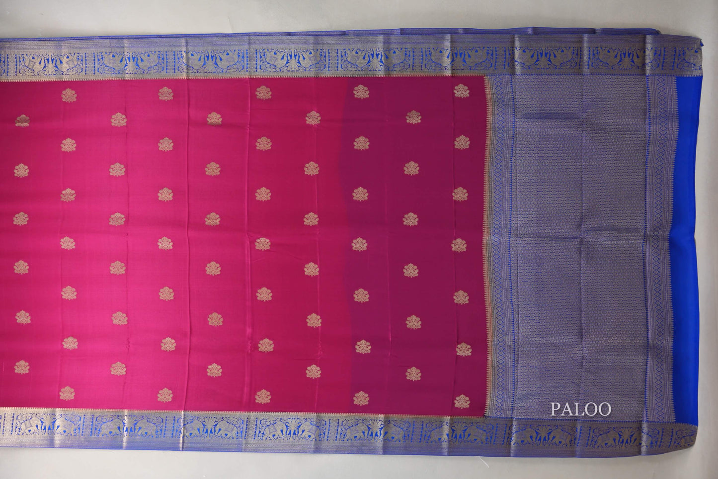 Rani Pink with Royal Blue Borders Mysore Silk Saree paloo