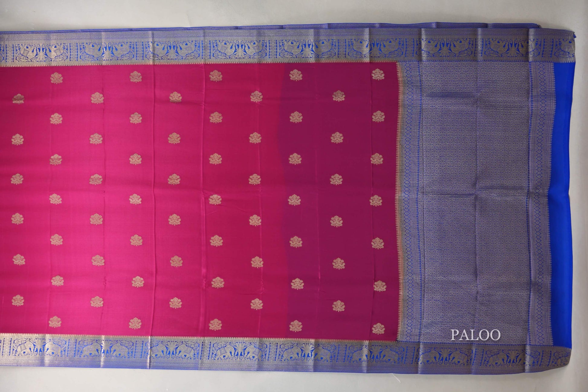 Rani Pink with Royal Blue Borders Mysore Silk Saree paloo