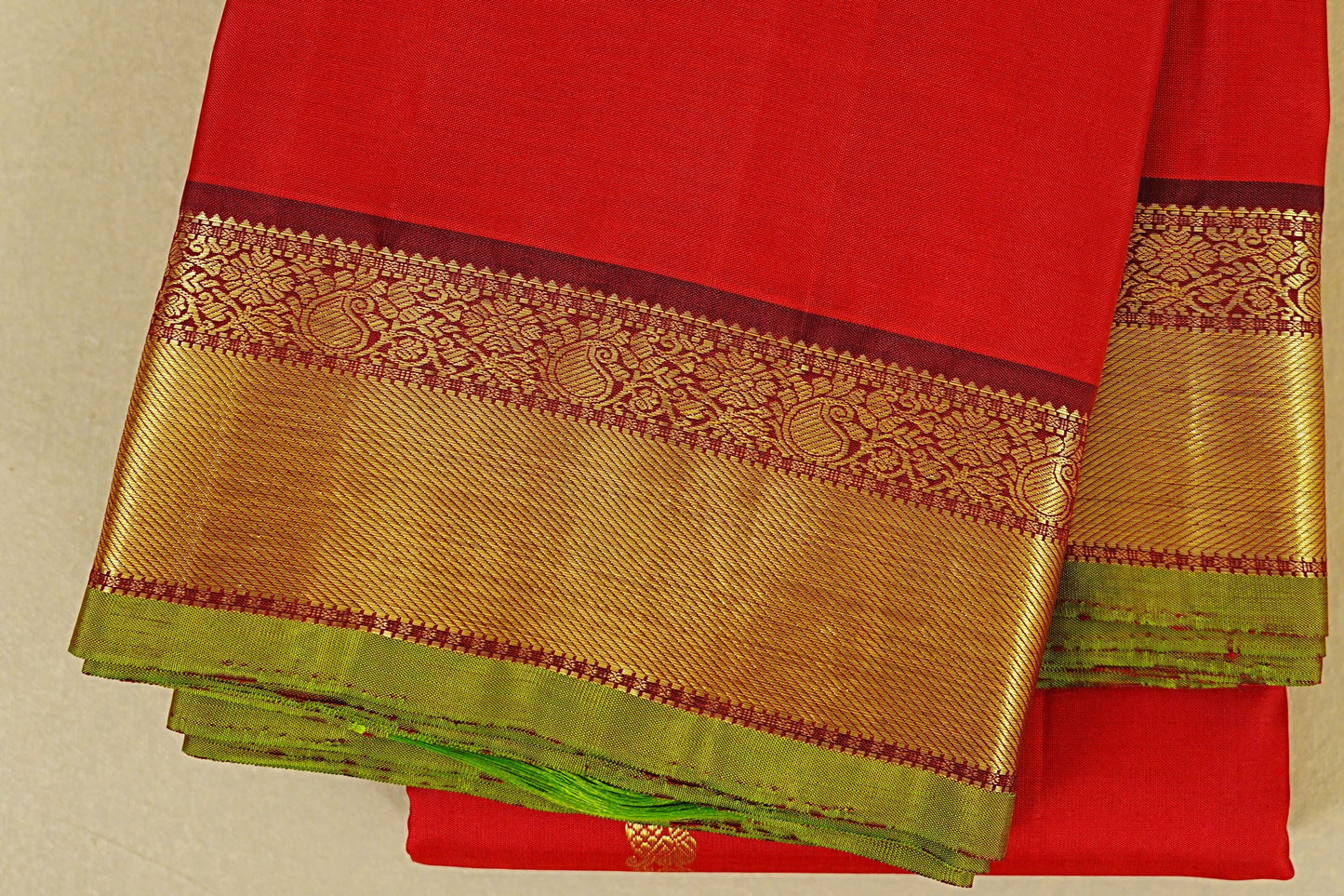Bright Red Vintage Kanjivaram Silk Saree  border zoom