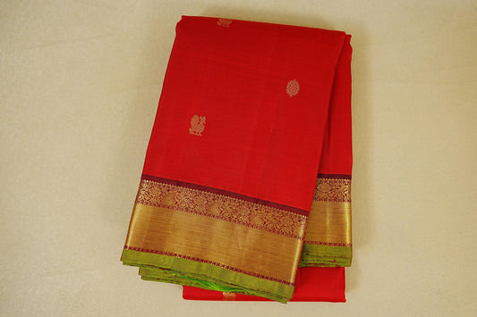 Folded Bright Red with Maroon and Green Selvedge Borders Vintage Kanjivaram Silk Saree