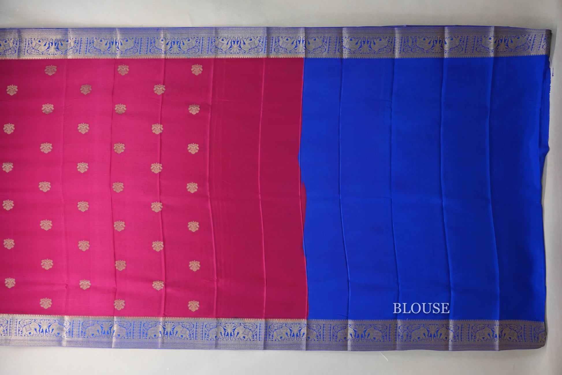 Rani Pink with Royal Blue Borders Mysore Silk Saree blouse