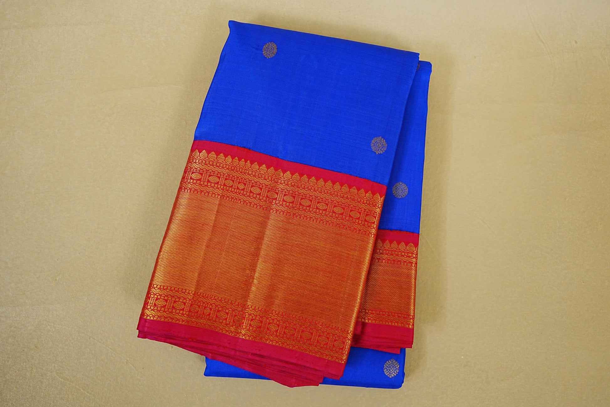 folded Royal Blue with Reddish Pink Borders Vintage Kanjivaram Silk Saree 