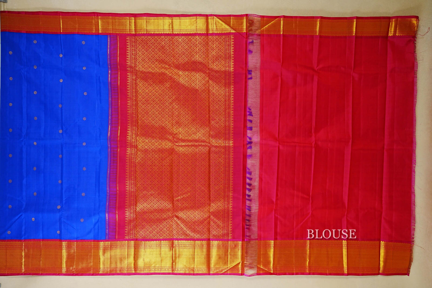 Royal Blue with Reddish Pink Borders Vintage Kanjivaram Silk Saree by Shreenivas Silks PSSR018456