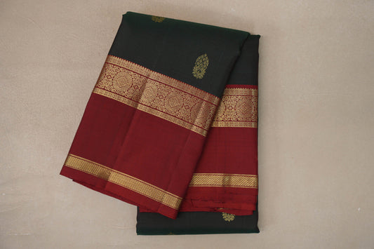 folded Dual Tone of Deep Bottle Green and Deep Red with Deep Red Borders Vintage Kanjivaram Silk Saree