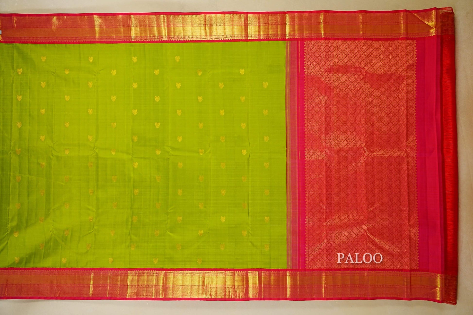 Parrot Green with Reddish Pink Borders Vintage Kanjivaram Silk Saree PALOO