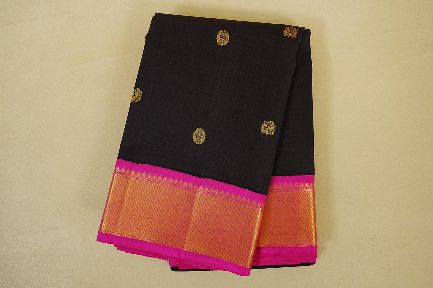 Folded Dark Navy Blue with Rani Pink Borders Vintage Kanjivaram Silk Saree