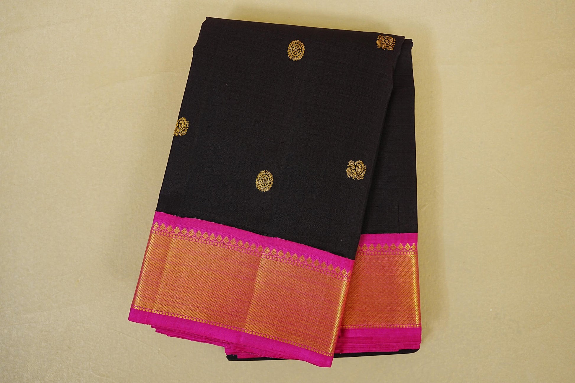 Folded Dark Navy Blue with Rani Pink Borders Vintage Kanjivaram Silk Saree