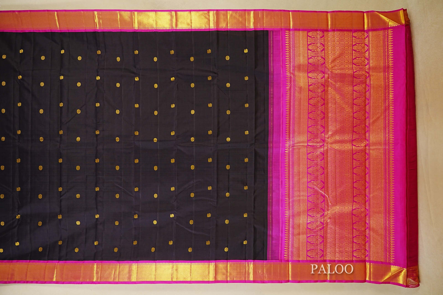 Dark Navy Blue with Rani Pink Borders Vintage Kanjivaram Silk Saree Paloo