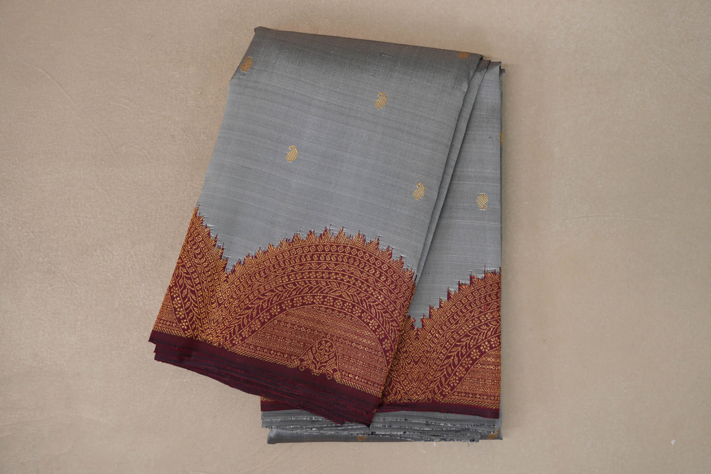 folded Silver Grey with Deep Maroon Borders Vintage Kanjivaram Silk Saree