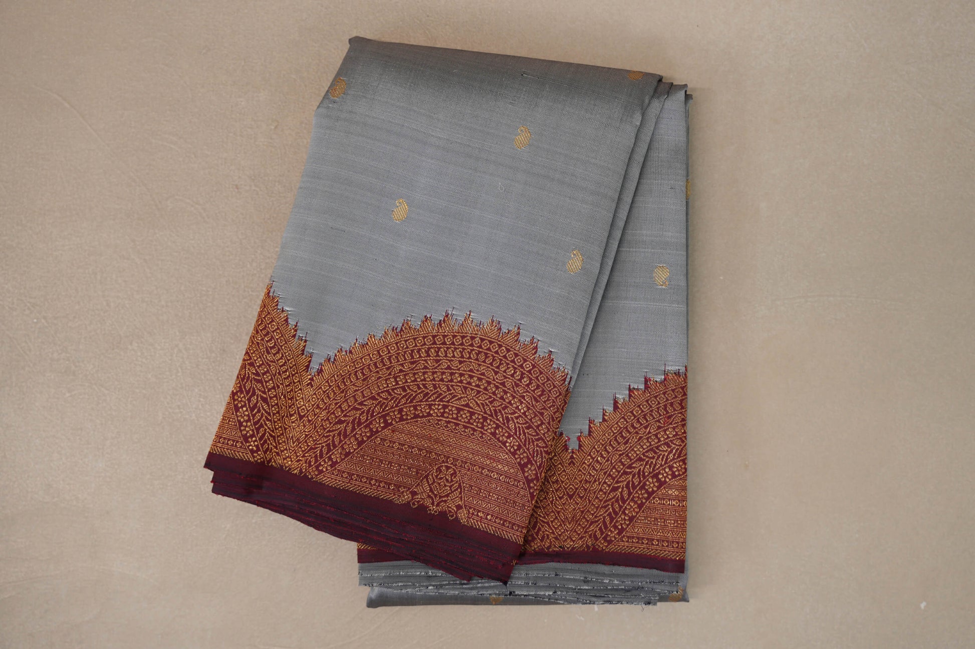 folded Silver Grey with Deep Maroon Borders Vintage Kanjivaram Silk Saree