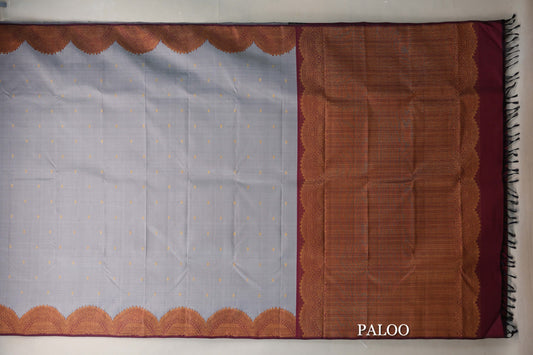 Silver Grey with Deep Maroon Borders Vintage Kanjivaram Silk Saree paloo