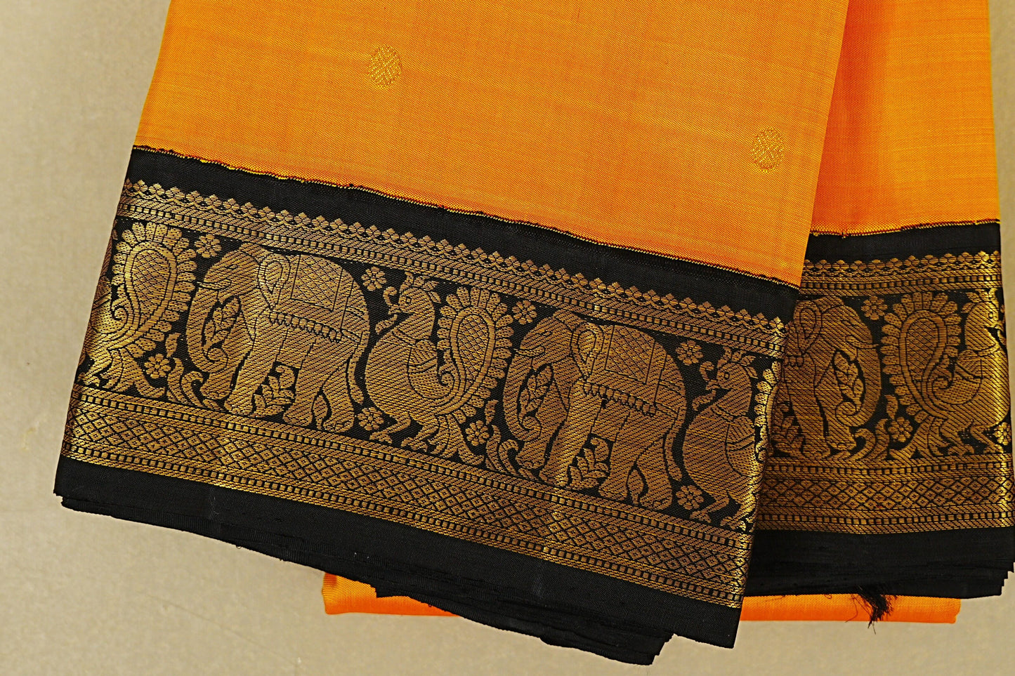 Deep Turmeric Yellow with Black Borders Vintage Kanjivaram Silk Saree  border zoom