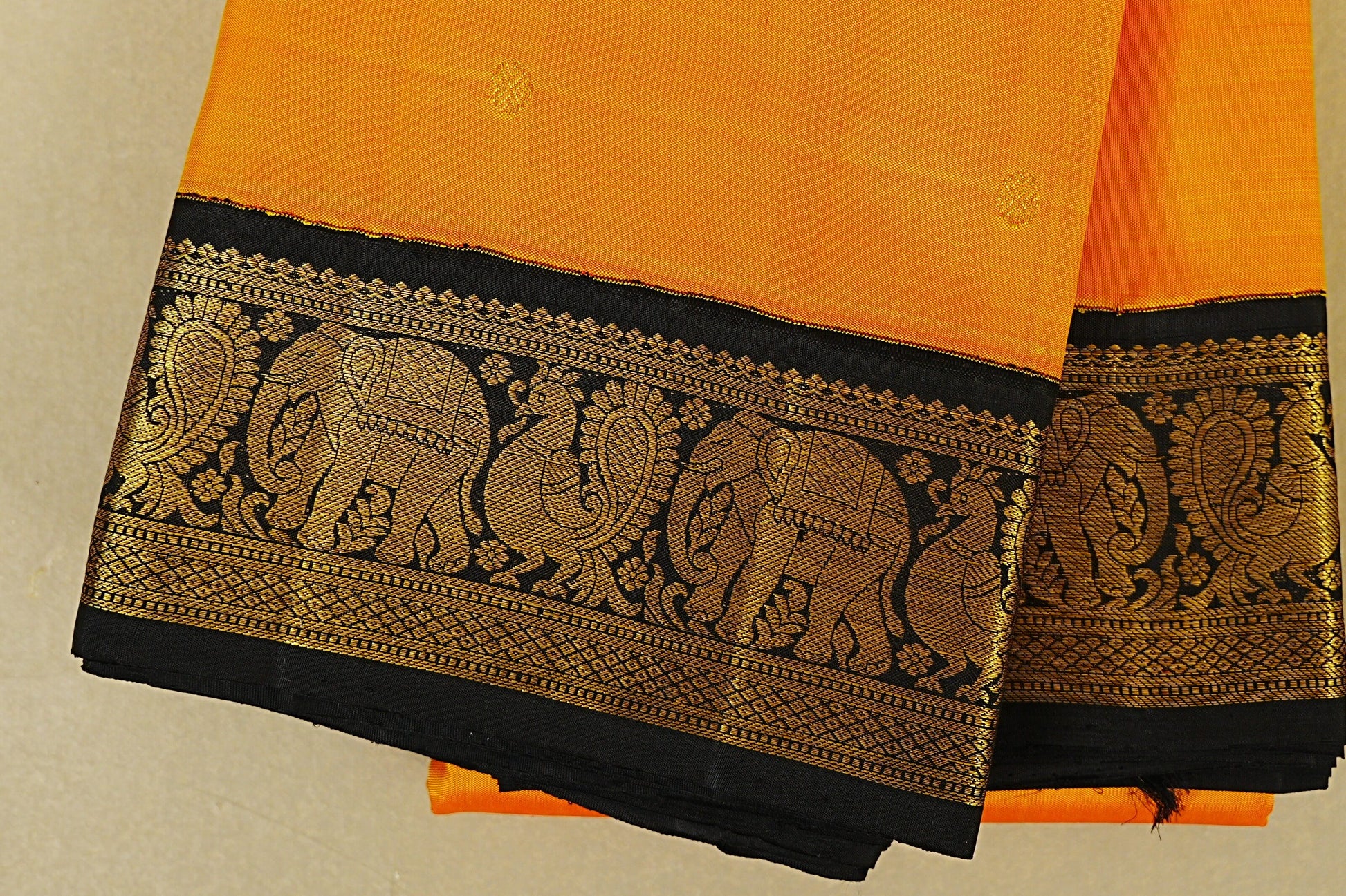Deep Turmeric Yellow with Black Borders Vintage Kanjivaram Silk Saree  border zoom