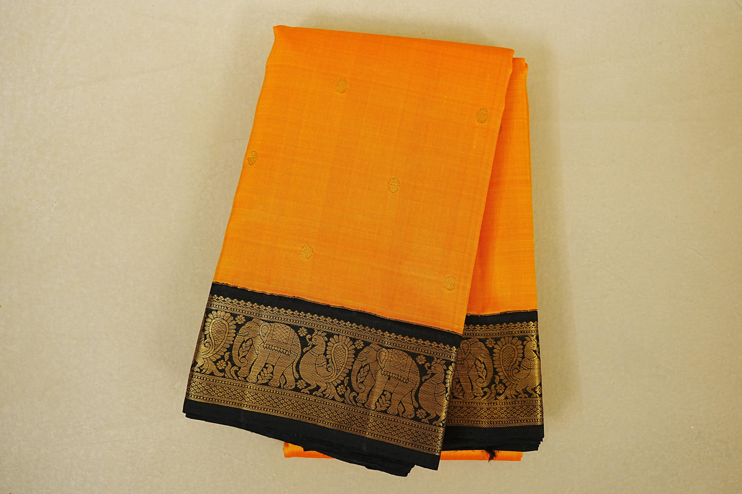 Folded Deep Turmeric Yellow with Black Borders Vintage Kanjivaram Silk Saree 