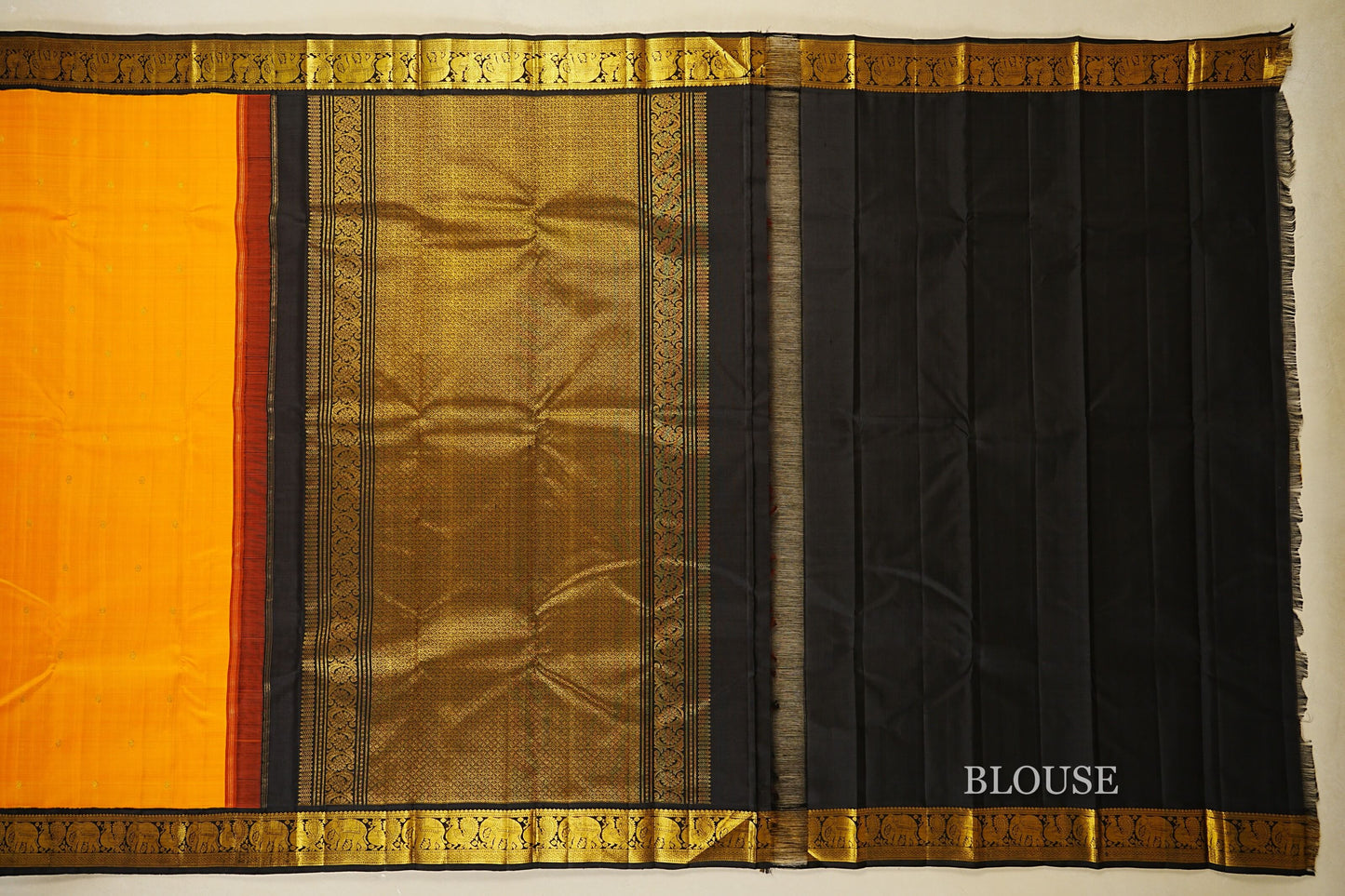 Deep Turmeric Yellow with Black Borders Vintage Kanjivaram Silk Saree  blouse