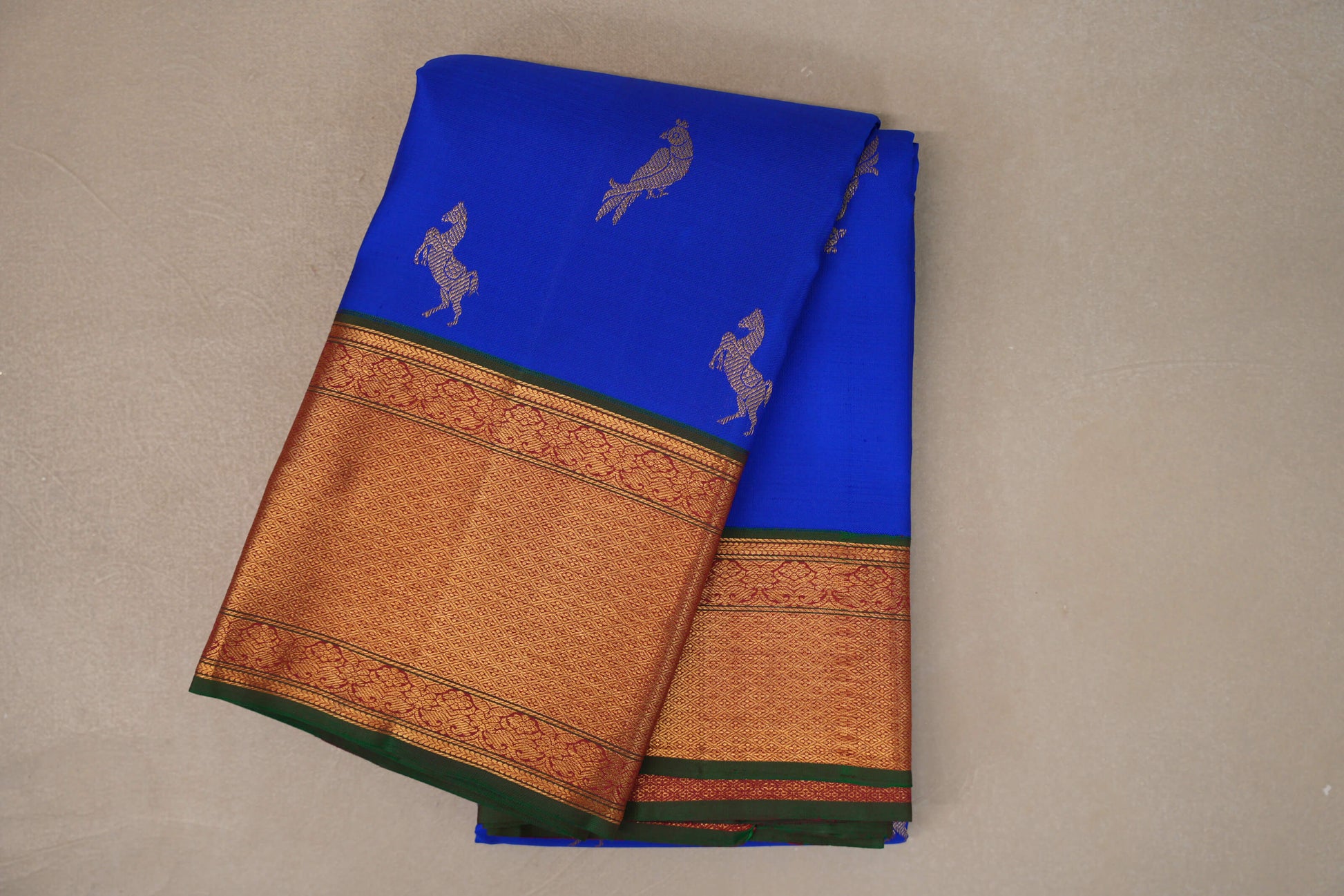 folded Bright Royal Blue with Bottle Green Borders Vintage Kanjivaram Silk Saree