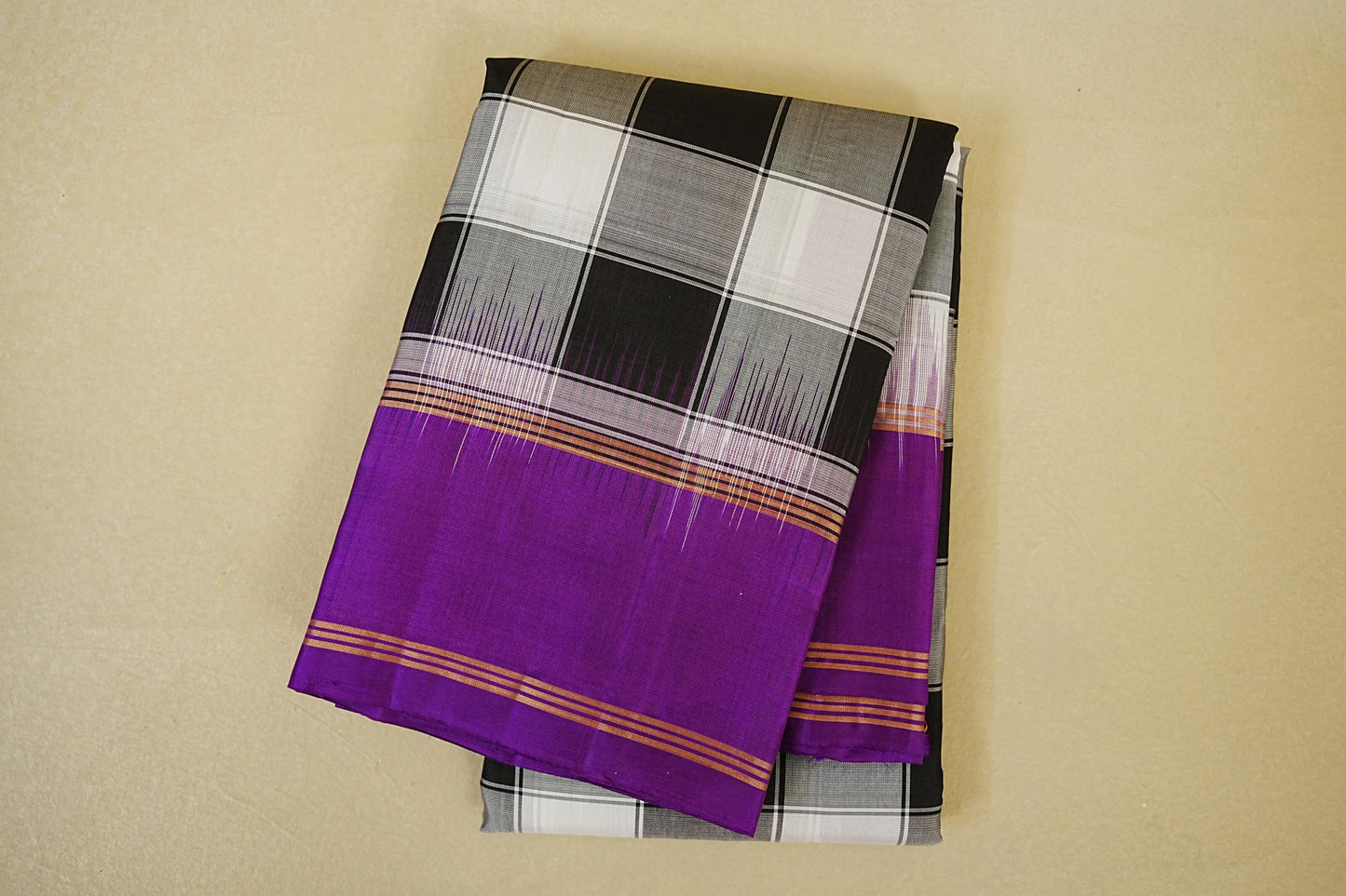 Folded Black and White Checks  Light Weight Kanchipuram Silk Saree