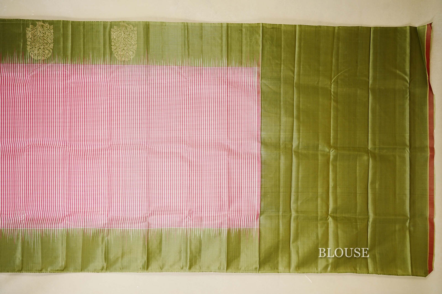 Pink and White Checks Light Weight Kanchipuram Silk Saree blouse