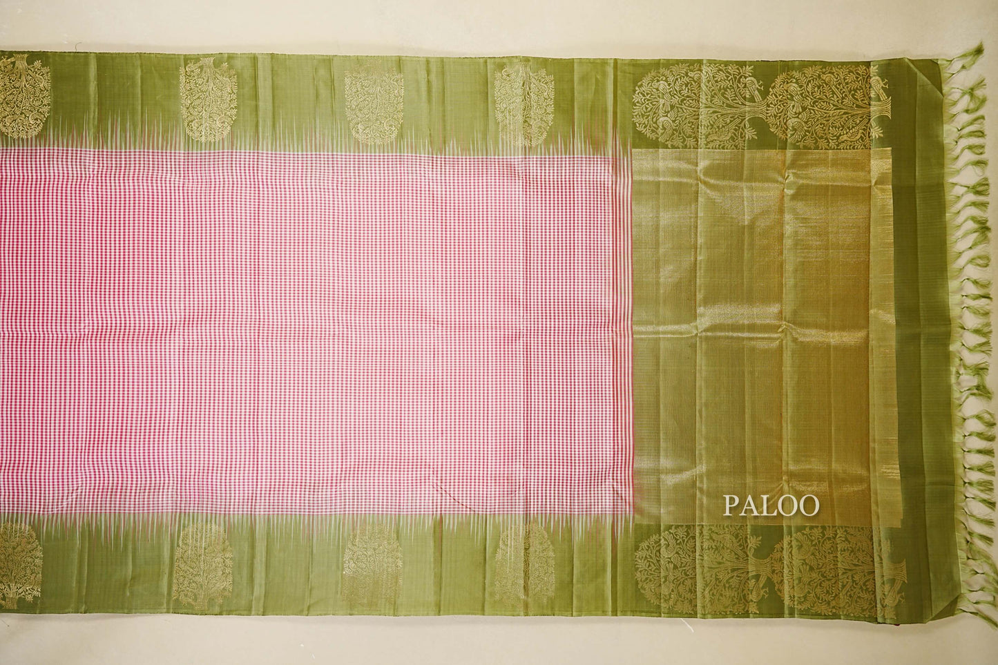 Pink and White Checks Light Weight Kanchipuram Silk Saree paloo