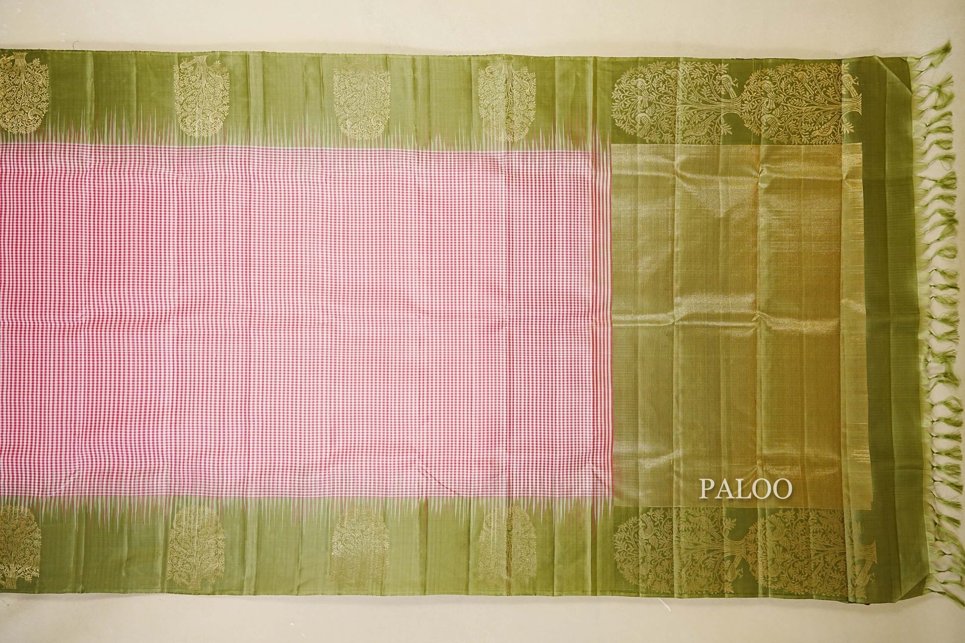 Pink and White Checks Light Weight Kanchipuram Silk Saree paloo