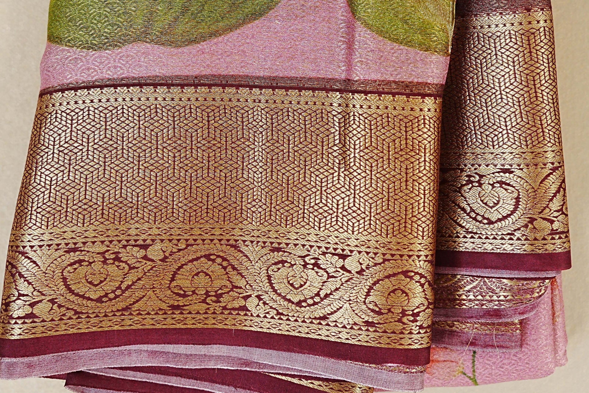 Dual Tone Pastel Pink with Antique Gold Mysore Silk Saree border zoom