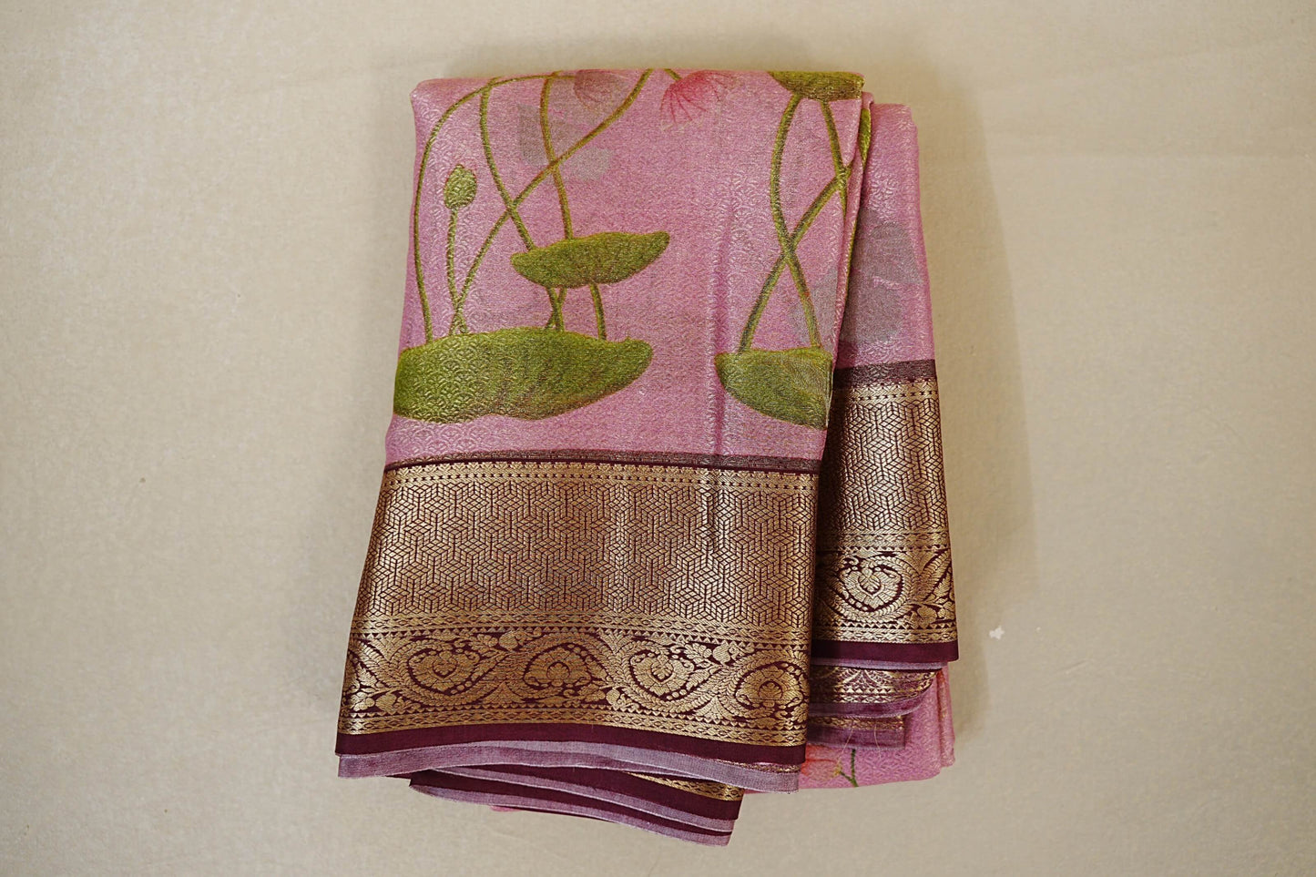 Folded Dual Tone Pastel Pink with Antique Gold Mysore Silk Saree