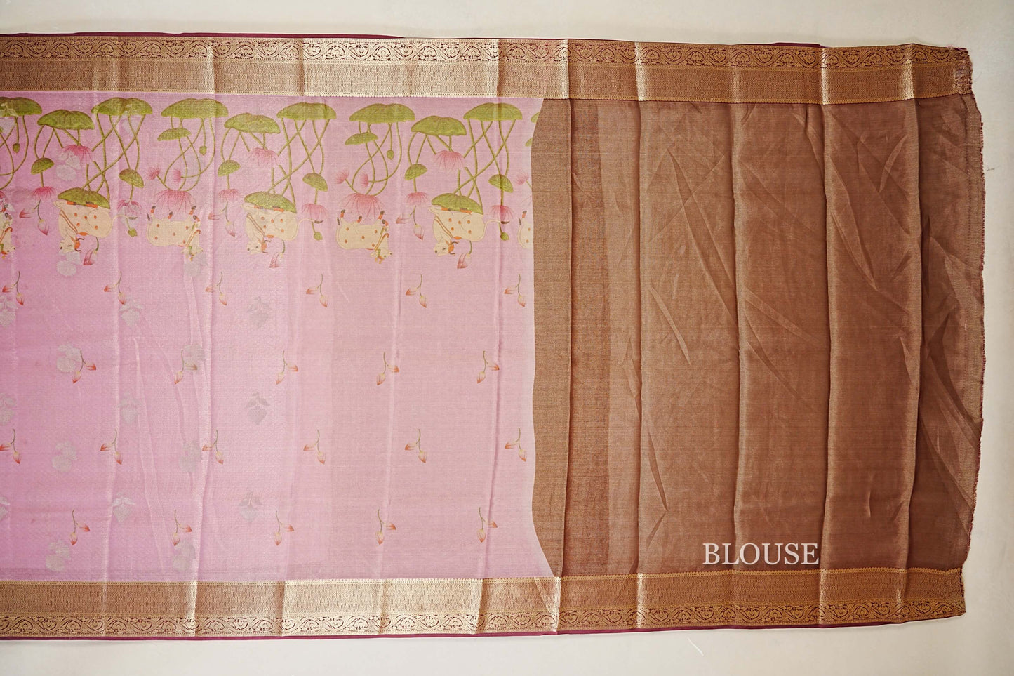 Dual Tone Pastel Pink with Antique Gold Mysore Silk Saree blouse
