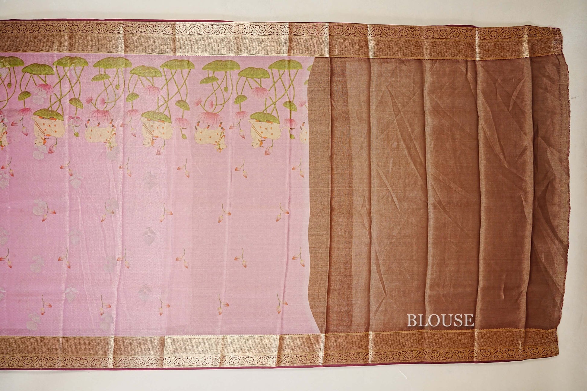Dual Tone Pastel Pink with Antique Gold Mysore Silk Saree blouse