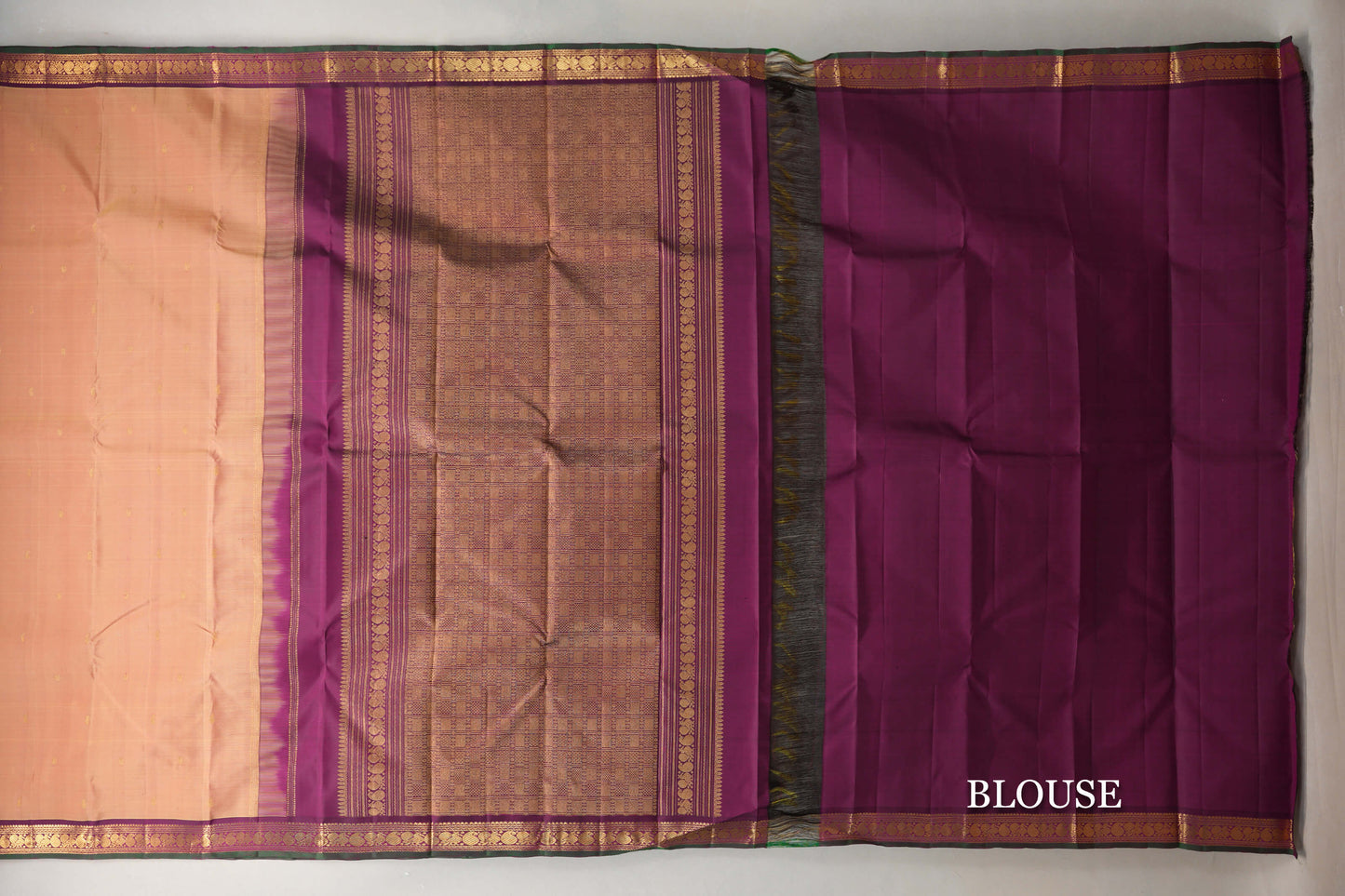 Dual Tone of Yellow and Pink with Deep Magenta Borders and Bottle Green Selvedge Vintage Kanjivaram Silk Saree by Shreenivas Silks PSSR019616