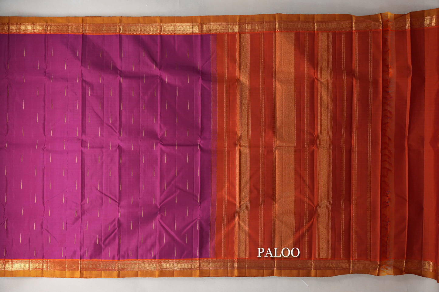 Magenta with Rust Orange Borders and Mustard Selvedge Vintage Kanjivaram Silk Saree by Shreenivas Silks PSSR019621