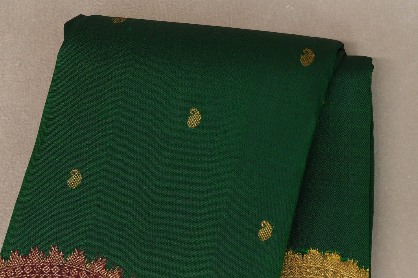 Forest Green with Deep Reddish Pink and Olive Green Borders Vintage Kanjivaram Silk Saree by Shreenivas Silks PSSR019622