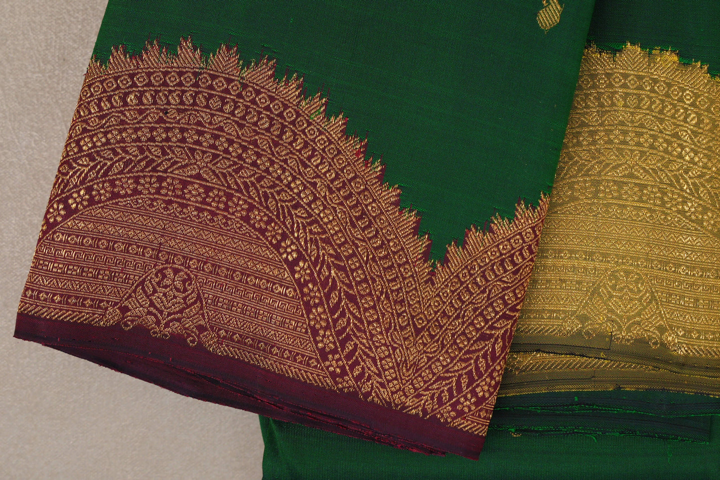 Forest Green with Deep Reddish Pink and Olive Green Borders Vintage Kanjivaram Silk Saree by Shreenivas Silks PSSR019622
