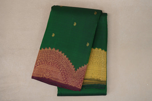 Forest Green with Deep Reddish Pink and Olive Green Borders Vintage Kanjivaram Silk Saree by Shreenivas Silks PSSR019622