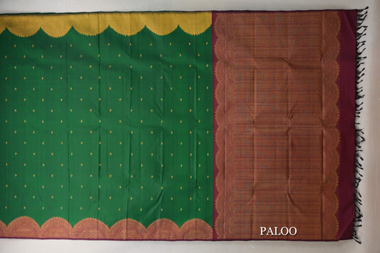 Forest Green with Deep Reddish Pink and Olive Green Borders Vintage Kanjivaram Silk Saree by Shreenivas Silks PSSR019622