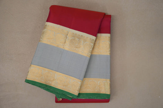 Orangish Pink with Cream Rettai Pettu Borders Vintage Kanjivaram Silk Saree by Shreenivas Silks PSSR019623