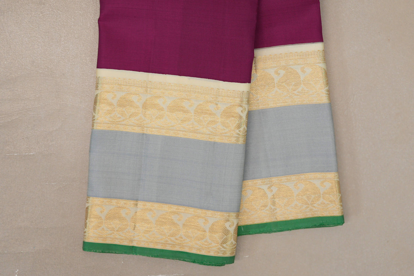 Deep Magenta with Cream Rettai Pettu Borders Vintage Kanjivaram Silk Saree by Shreenivas Silks PSSR019624