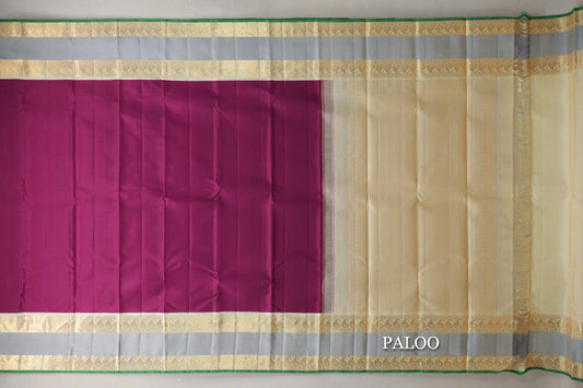 Deep Magenta with Cream Rettai Pettu Borders Vintage Kanjivaram Silk Saree by Shreenivas Silks PSSR019624