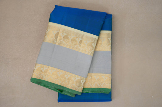 Peacock Blue with Cream Rettai Pettu Borders Vintage Kanjivaram Silk Saree by Shreenivas Silks PSSR019625